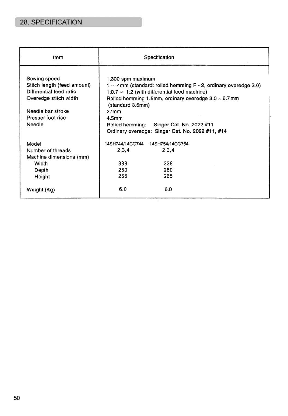 Specification | SINGER 14SH754/14CG754 User Manual | Page 51 / 53