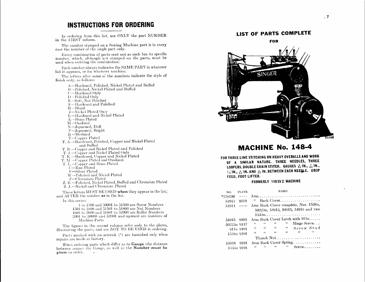 Machine no. 148-4, Instructions for ordering | SINGER 148-4 User Manual | Page 3 / 51