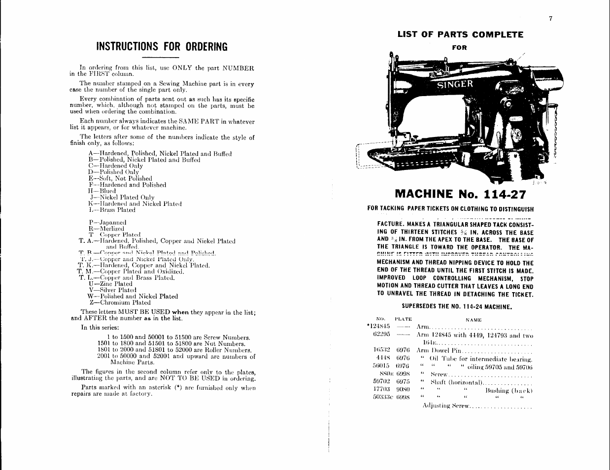 Instructions for ordering | SINGER 114-27 User Manual | Page 3 / 36