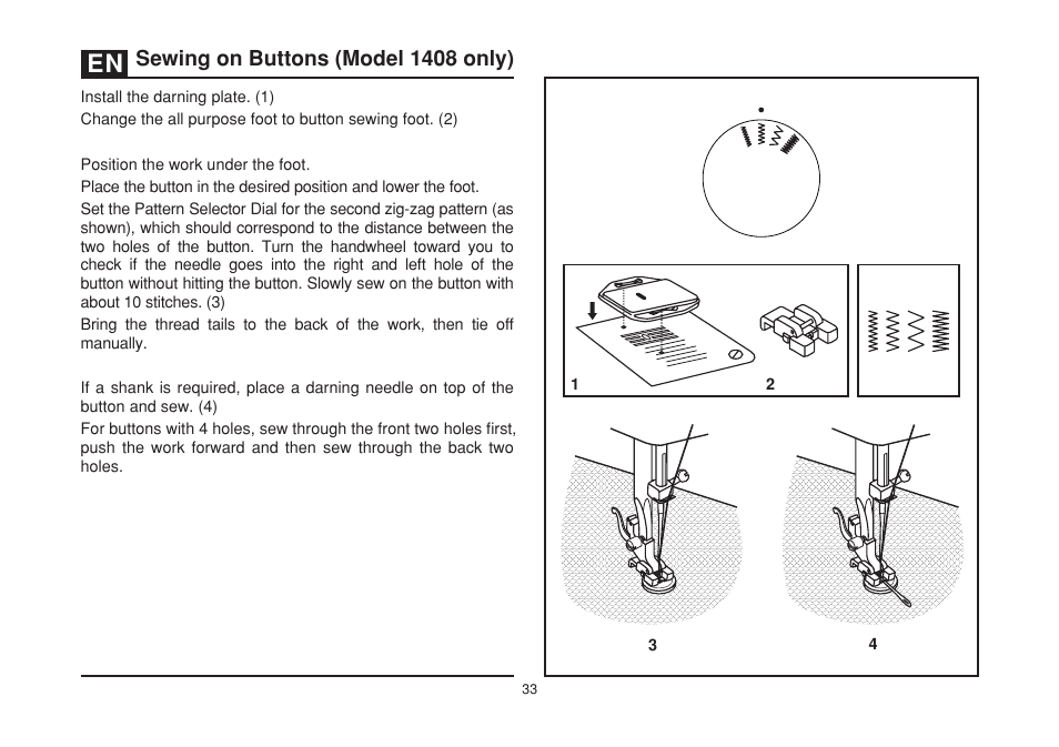 Sewing on buttons (model 1408 only) | SINGER 1408 User Manual | Page 40 / 62