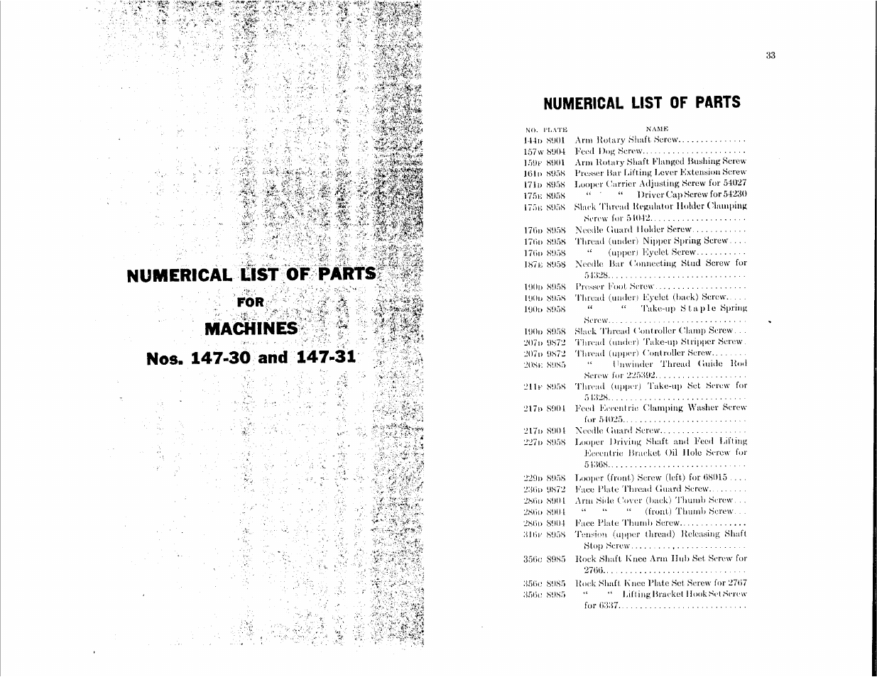 Numerical list of parts, Of paih's; <4, Numerical list | Machines | SINGER 147-30 User Manual | Page 16 / 36