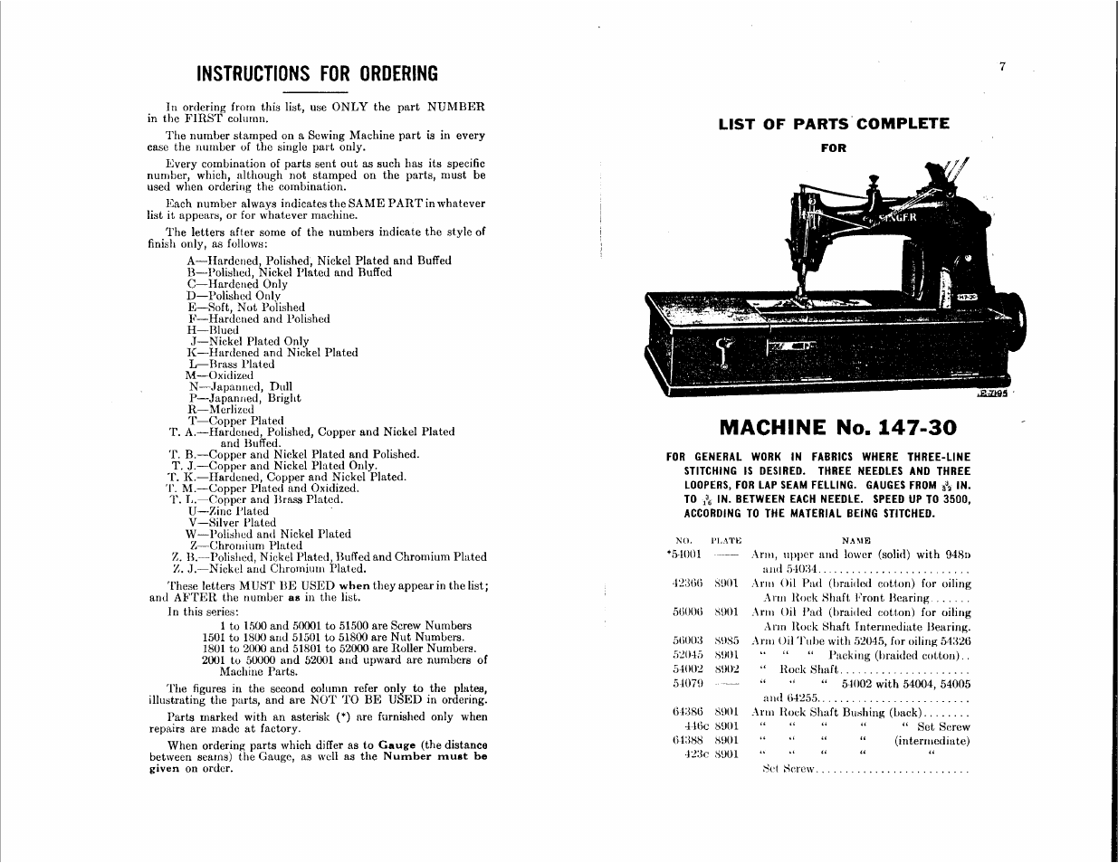 Instructions for ordering, Machine no. 147-30, List of parts complete | SINGER 147-30 User Manual | Page 3 / 36