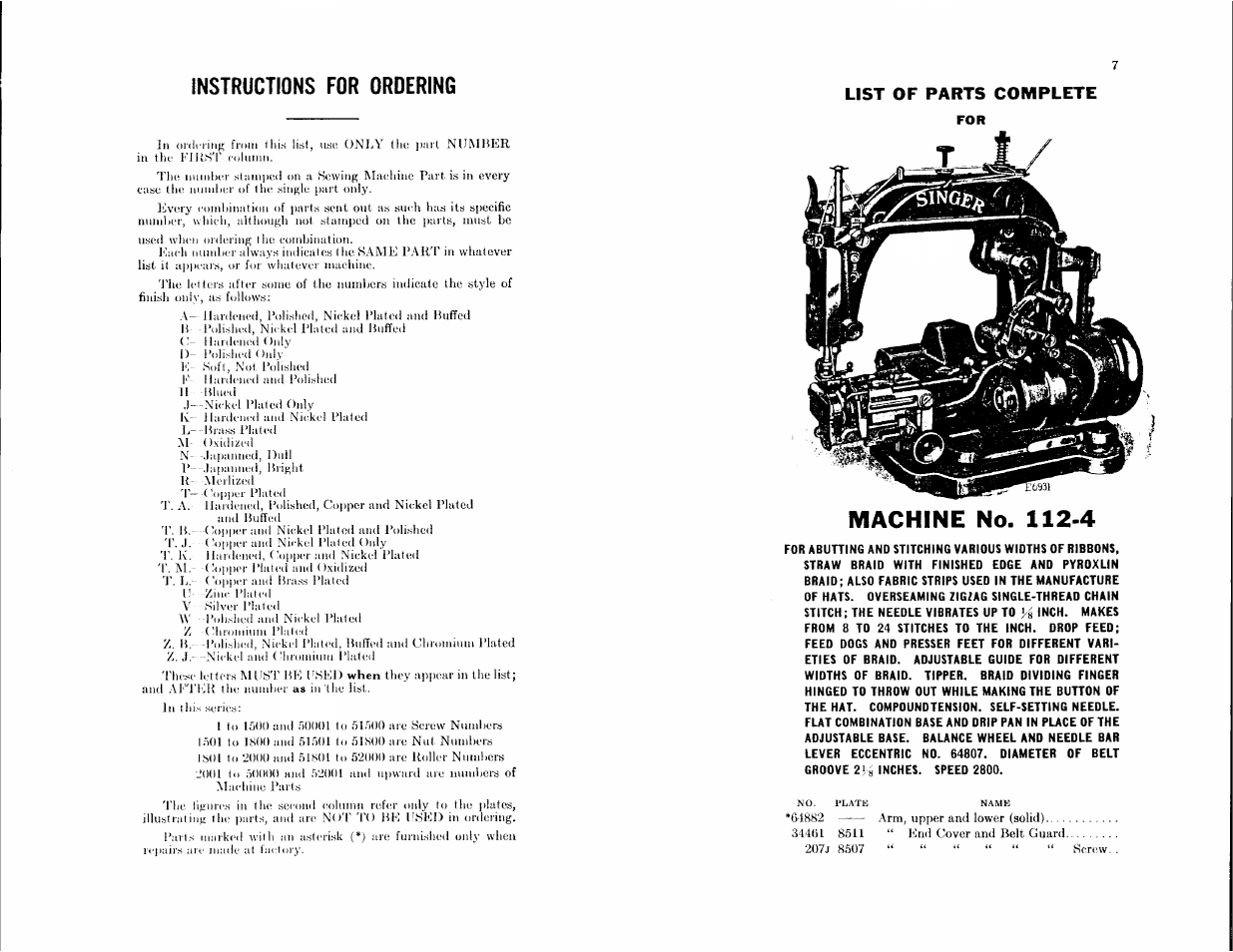 Machine no. 112-4, Achine, Instructions for ordering | SINGER 112-4 User Manual | Page 3 / 23