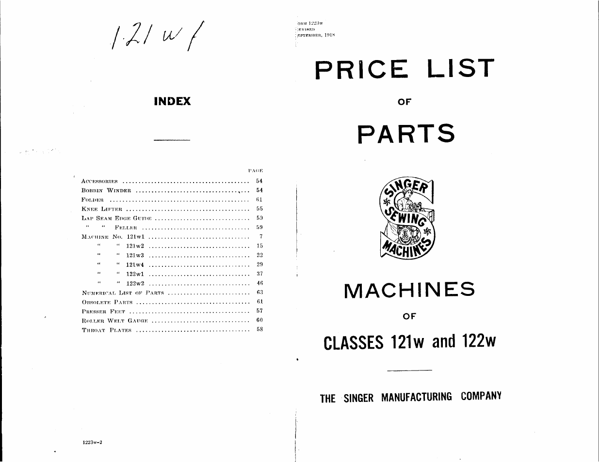 Price list, Parts, Machines | The singer manufacturing company, Index | SINGER 122W User Manual | Page 2 / 48