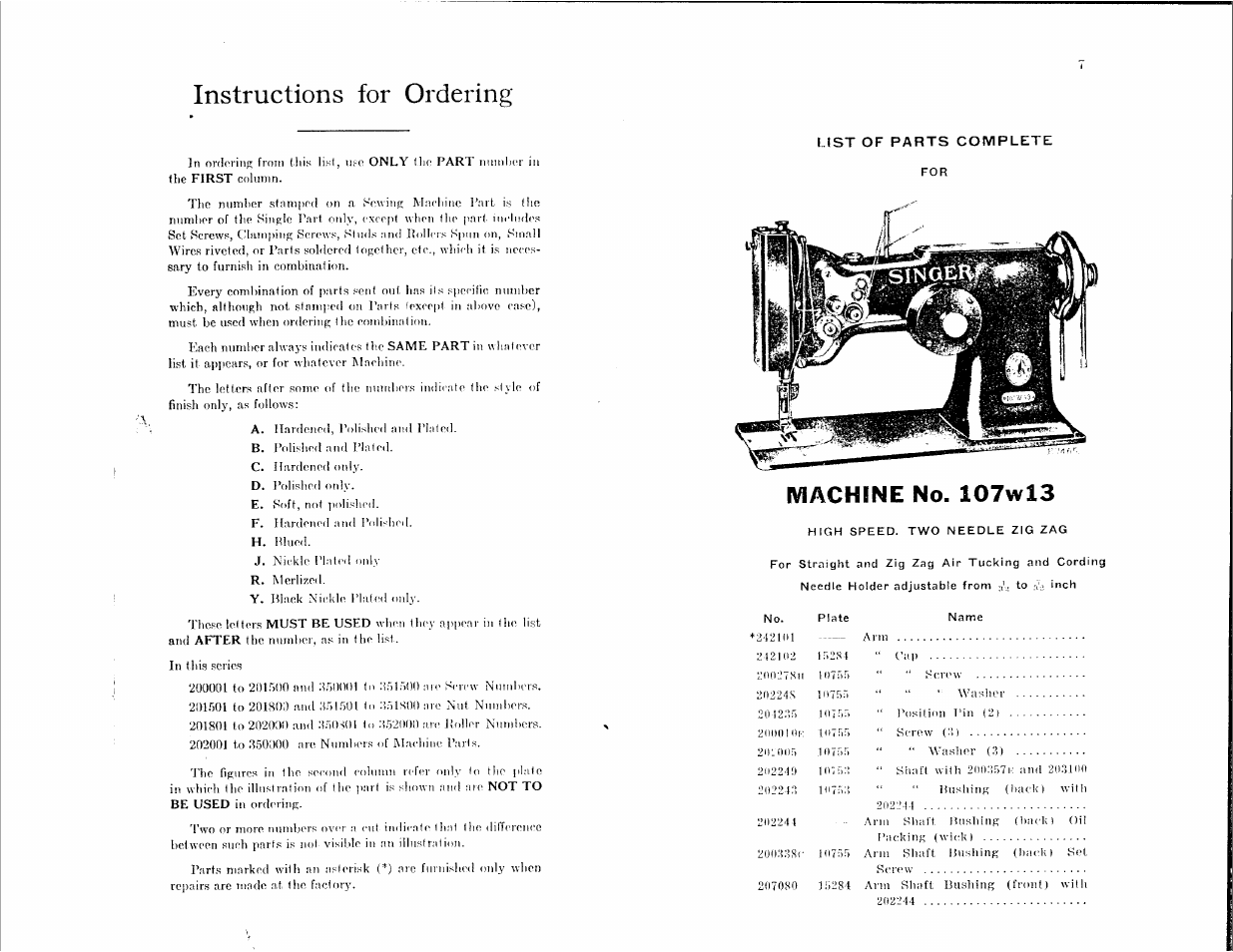 Instructions for ordering, Machine no. 107wl3 | SINGER 107W13 User Manual | Page 3 / 20