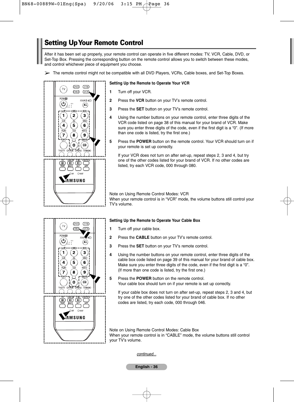 Setting up your remote control | SRS Labs Plasma Display Panel Television User Manual | Page 36 / 42