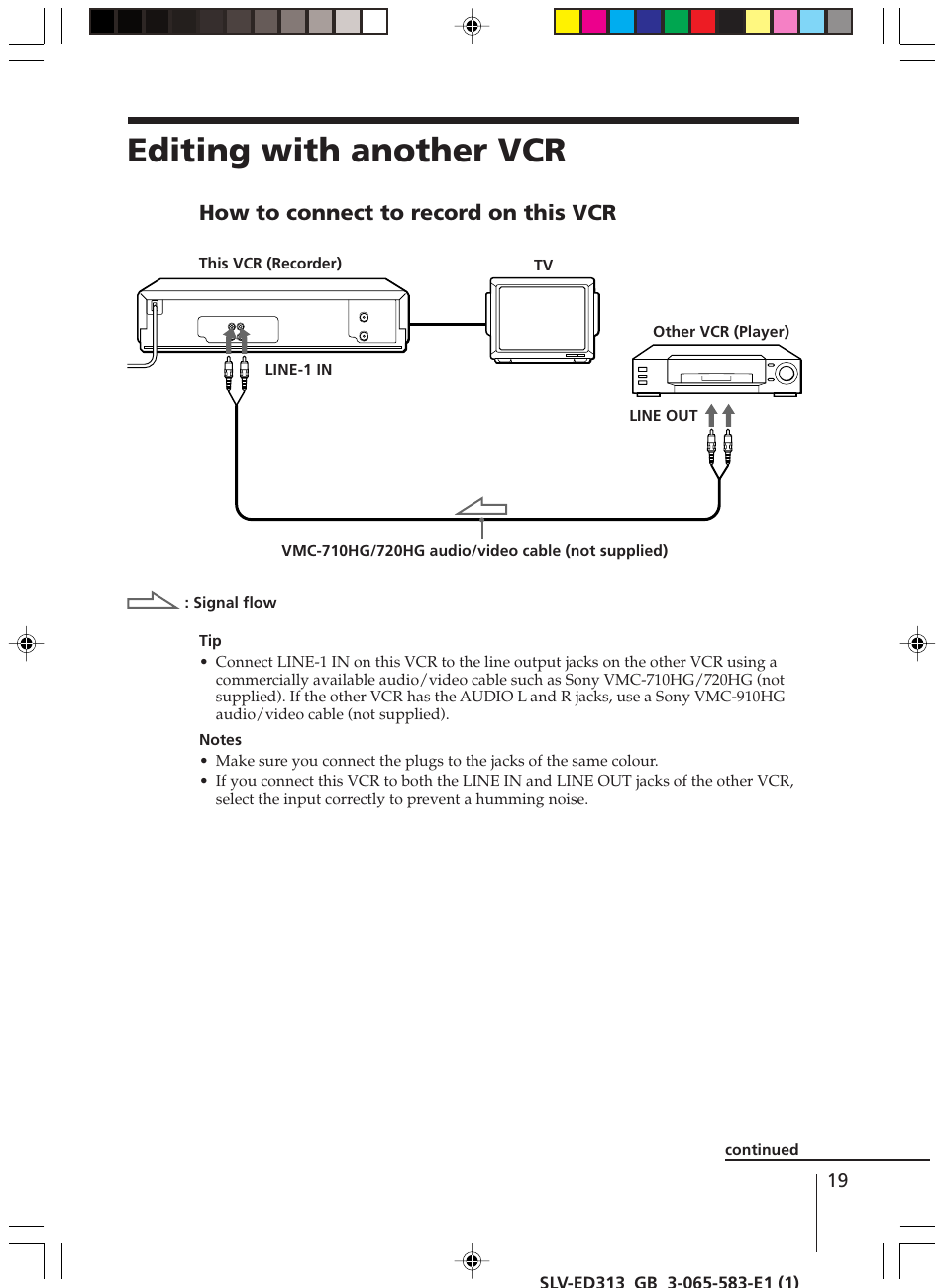 Editing with another vcr, How to connect to record on this vcr | Sony SLV-ED313 User Manual | Page 19 / 20