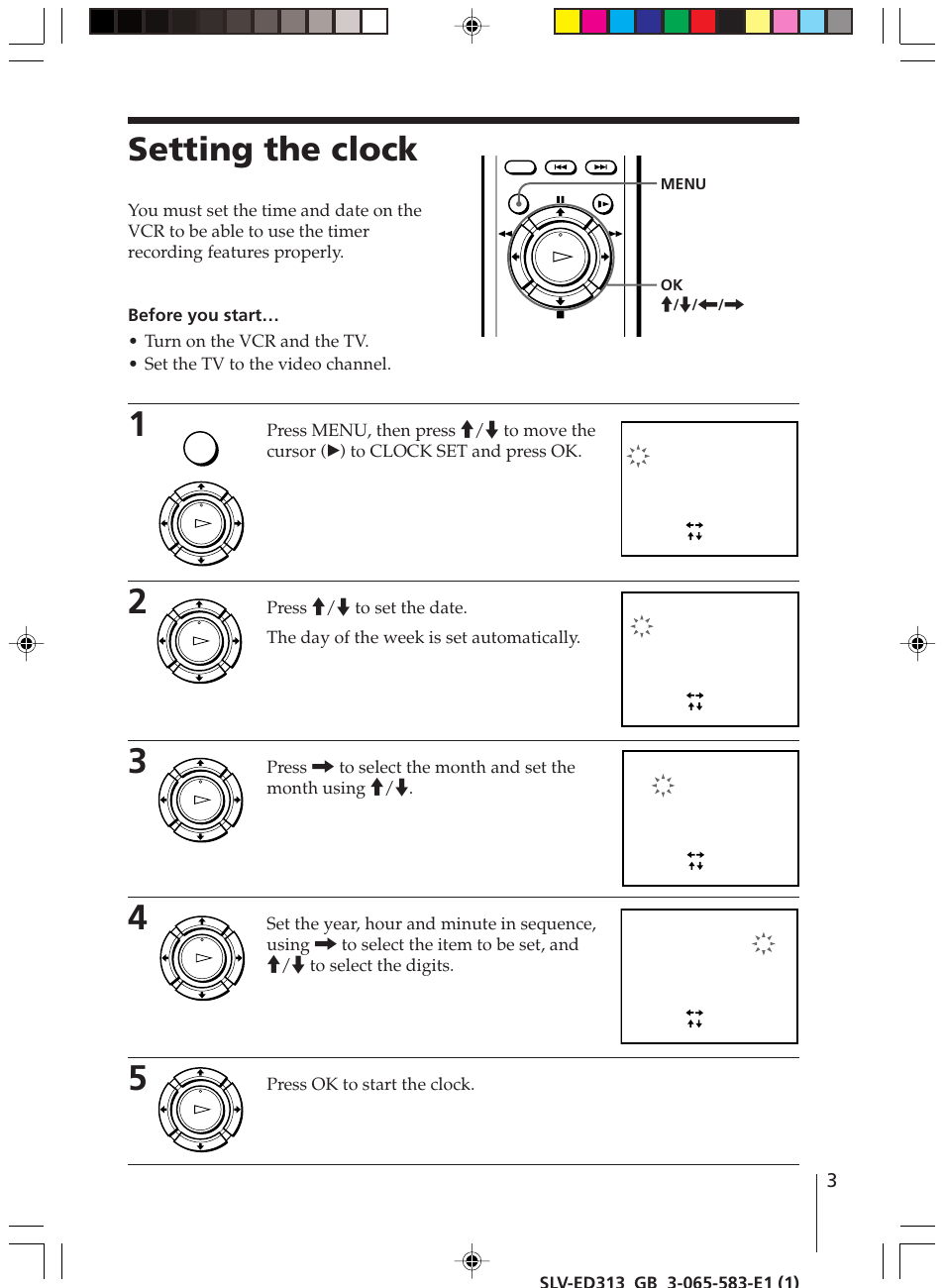 Setting the clock, Press ok to start the clock | Sony SLV-ED313 User Manual | Page 3 / 20