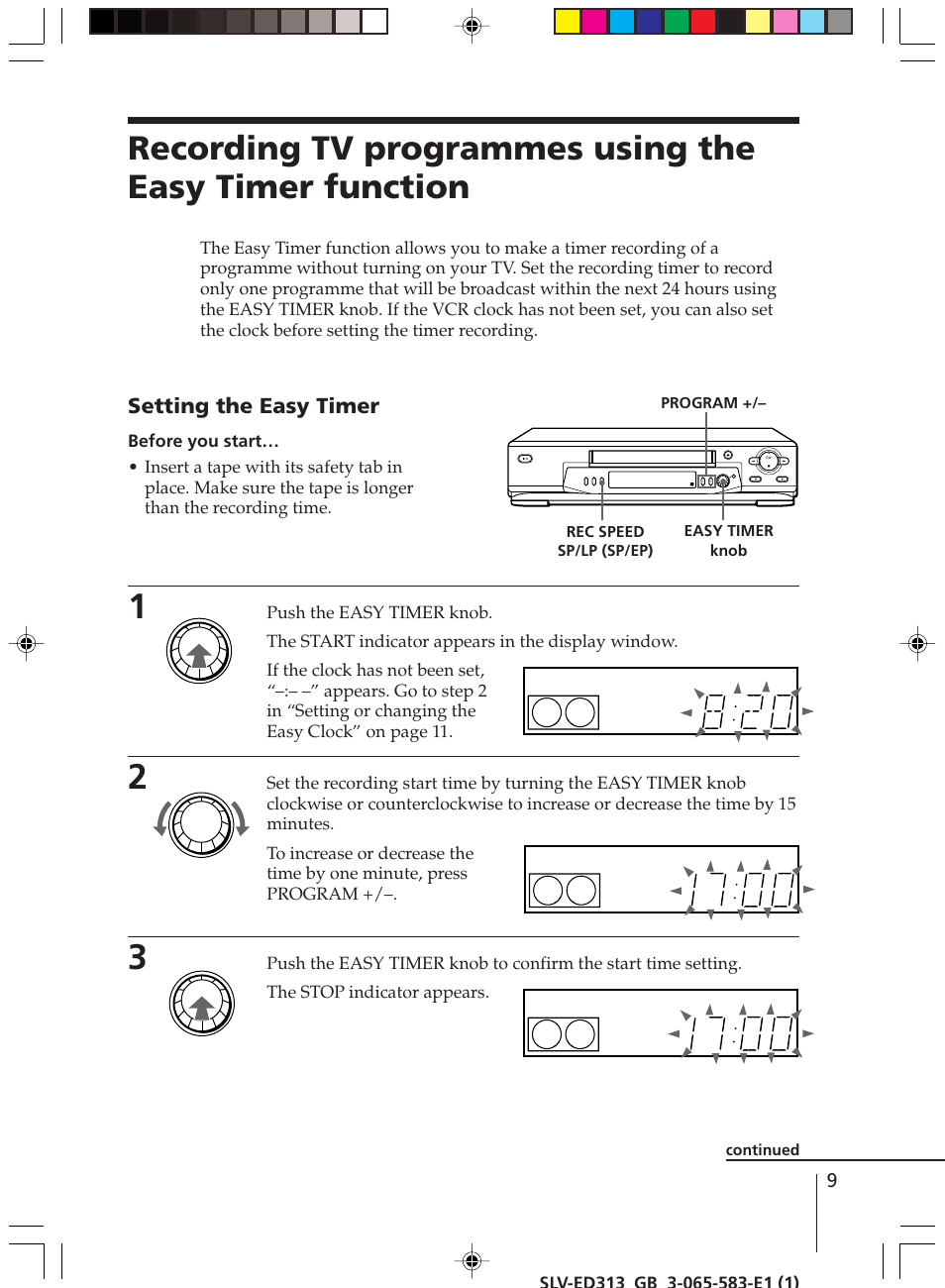 Setting the easy timer | Sony SLV-ED313 User Manual | Page 9 / 20