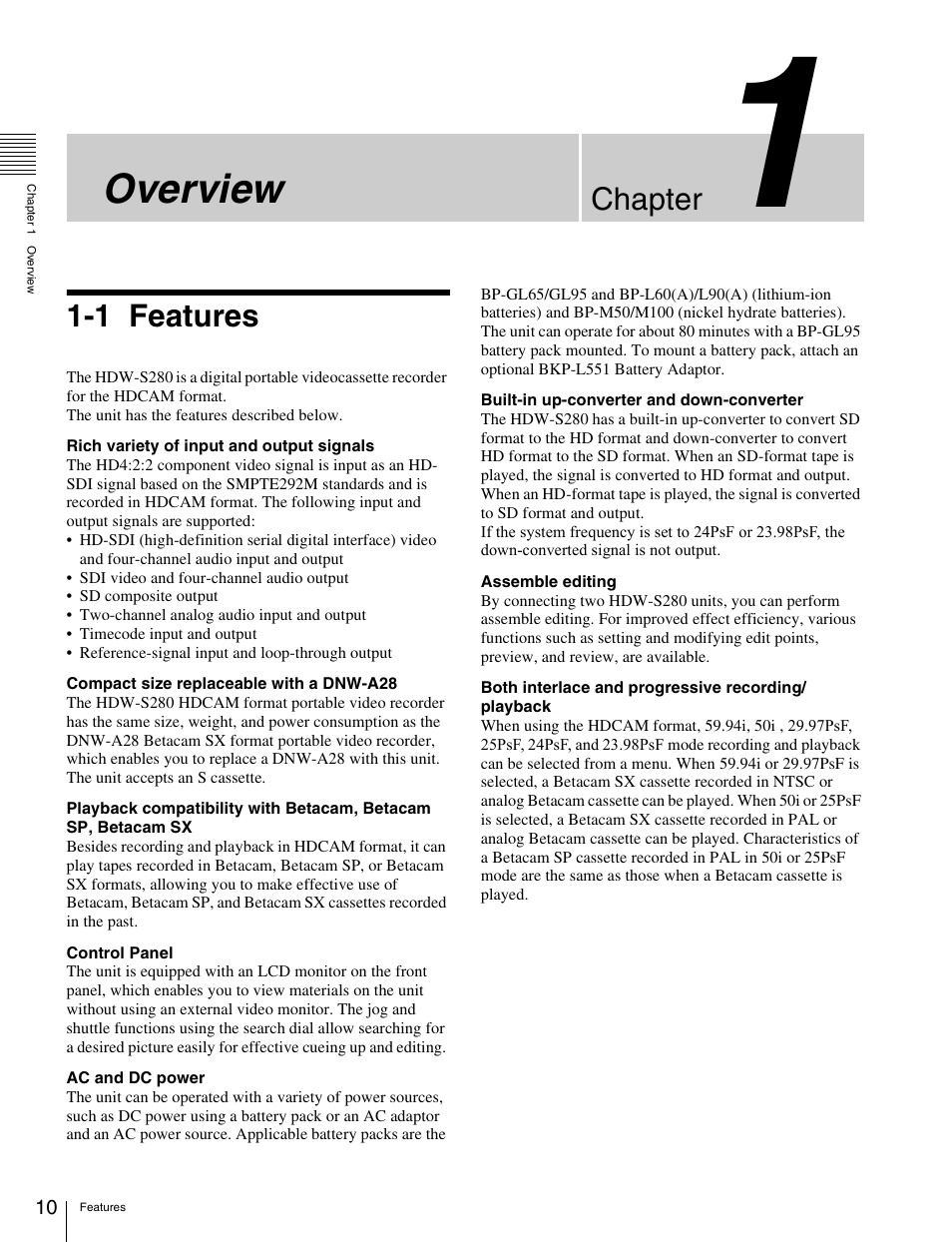Chapter 1 overview, 1 features, Features | Overview, Chapter | Sony HDW-S280 User Manual | Page 10 / 94