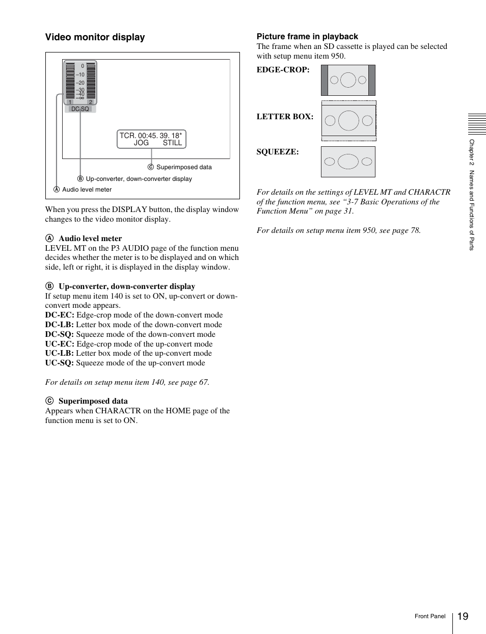 Video monitor display | Sony HDW-S280 User Manual | Page 19 / 94