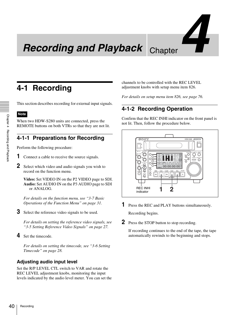 Chapter 4 recording and playback, 1 recording, 1-1 preparations for recording | 1-2 recording operation, Recording, Preparations for recording, Recording operation, Recording and playback, Chapter, Adjusting audio input level | Sony HDW-S280 User Manual | Page 40 / 94