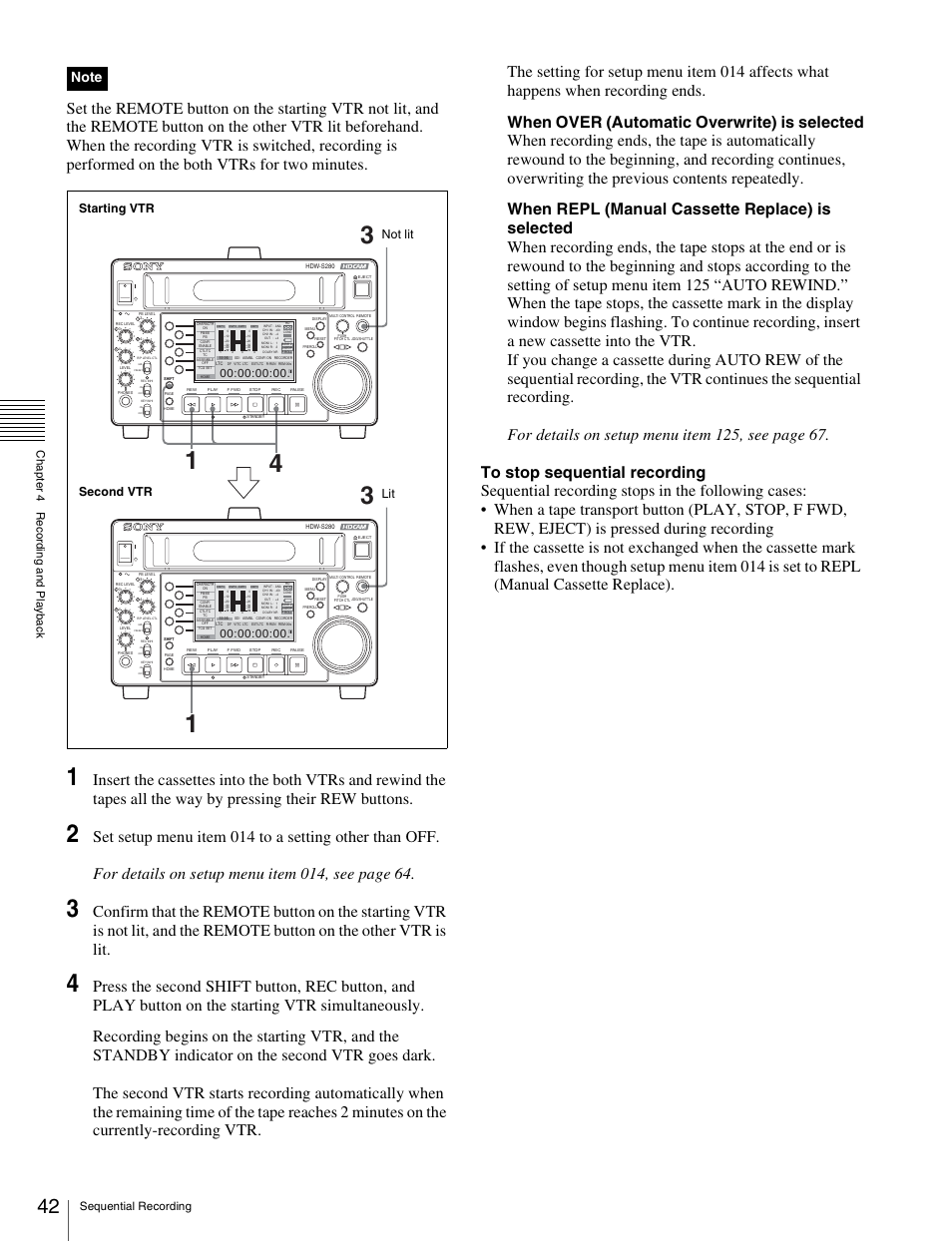 Starting vtr second vtr not lit lit | Sony HDW-S280 User Manual | Page 42 / 94