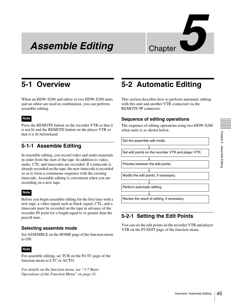 Chapter 5 assemble editing, 1 overview, 1-1 assemble editing | 2 automatic editing, 2-1 setting the edit points, Overview, Assemble editing, Automatic editing, Setting the edit points, Chapter | Sony HDW-S280 User Manual | Page 45 / 94
