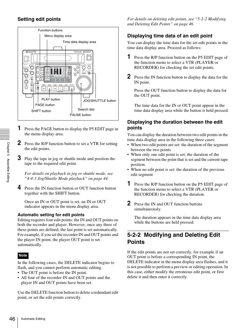 2-2 modifying and deleting edit points, Modifying and deleting edit points, Setting edit points | Displaying time data of an edit point, Displaying the duration between the edit points | Sony HDW-S280 User Manual | Page 46 / 94
