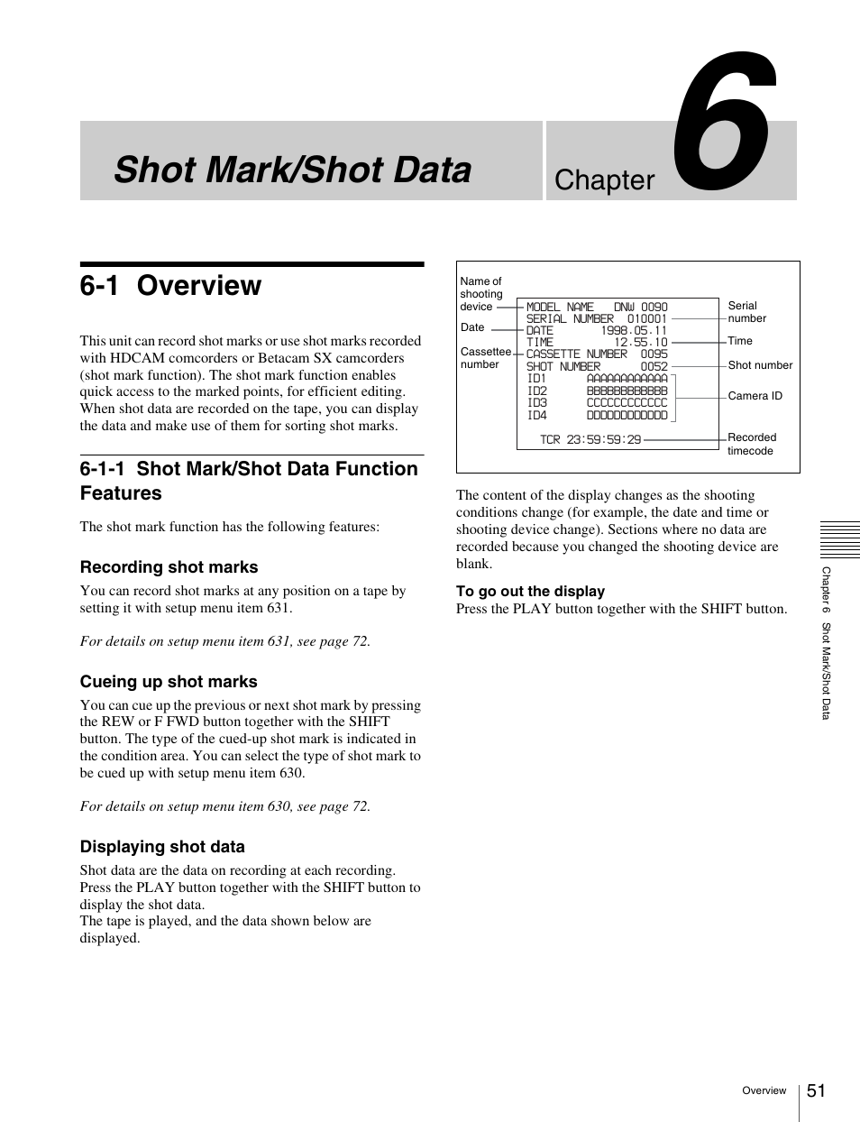 Chapter 6 shot mark/shot data, 1 overview, 1-1 shot mark/shot data function features | Overview, Shot mark/shot data function features, Shot mark/shot data, Chapter | Sony HDW-S280 User Manual | Page 51 / 94