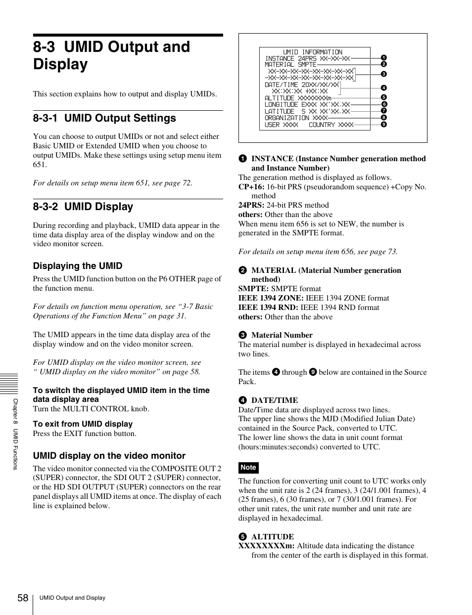 3 umid output and display, 3-1 umid output settings, 3-2 umid display | Umid output and display, Umid output settings, Umid display, Displaying the umid, Umid display on the video monitor | Sony HDW-S280 User Manual | Page 58 / 94