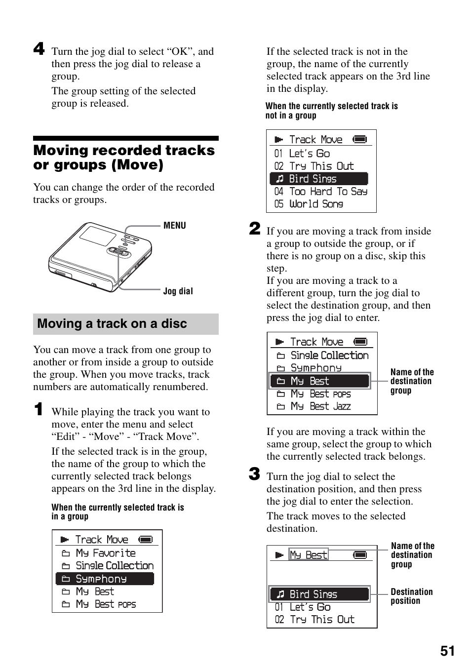 Moving recorded tracks or groups (move), Moving a track on a disc | Sony MZ-RH10 User Manual | Page 51 / 119