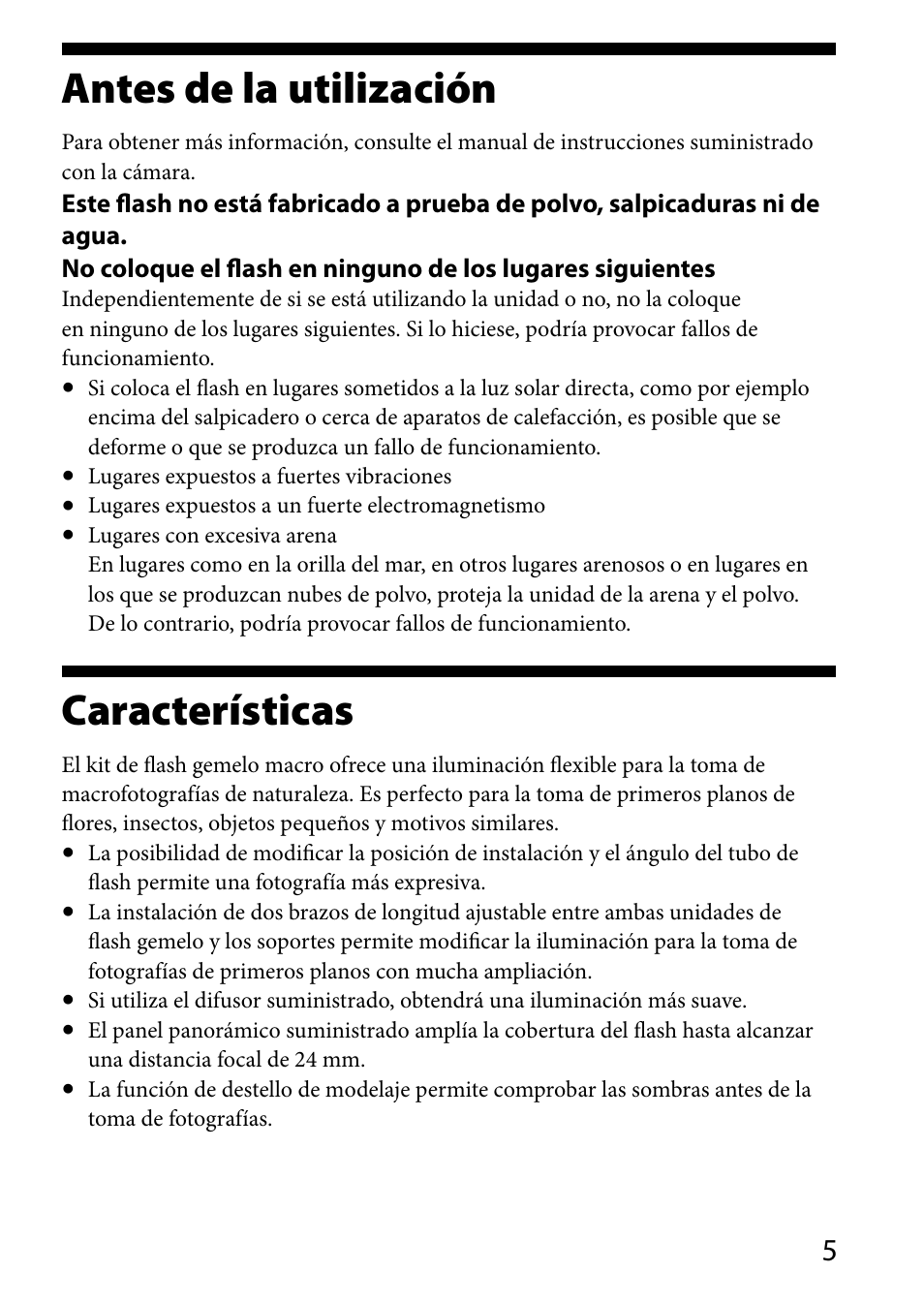 Características, Antes de la utilización | Sony HVL-MT24AM User Manual | Page 123 / 295