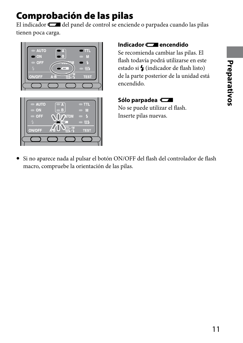 Comprobación de las pilas, 11 pr epar ativ os | Sony HVL-MT24AM User Manual | Page 129 / 295