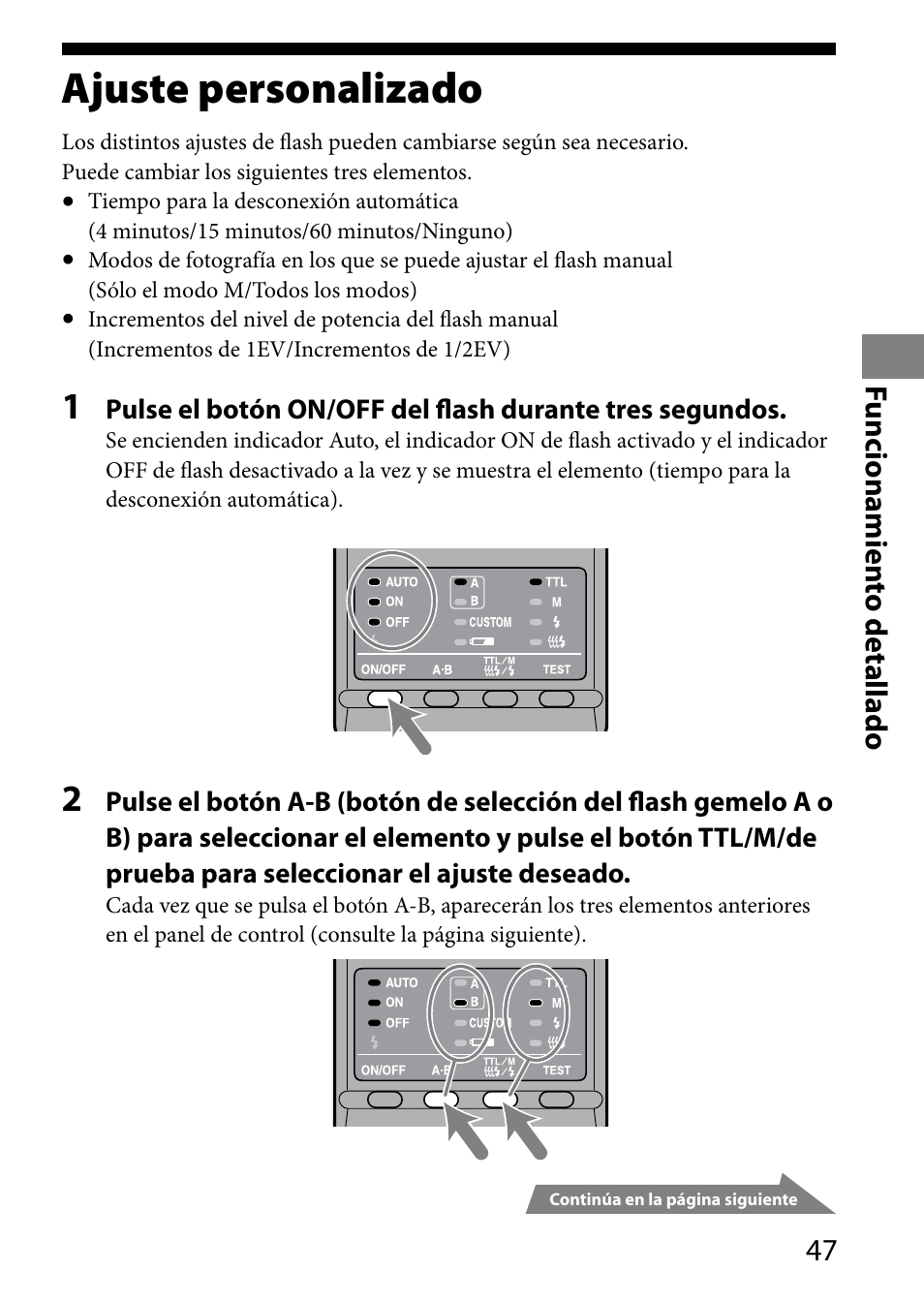 Ajuste personalizado, Funcionamien to detallado | Sony HVL-MT24AM User Manual | Page 165 / 295