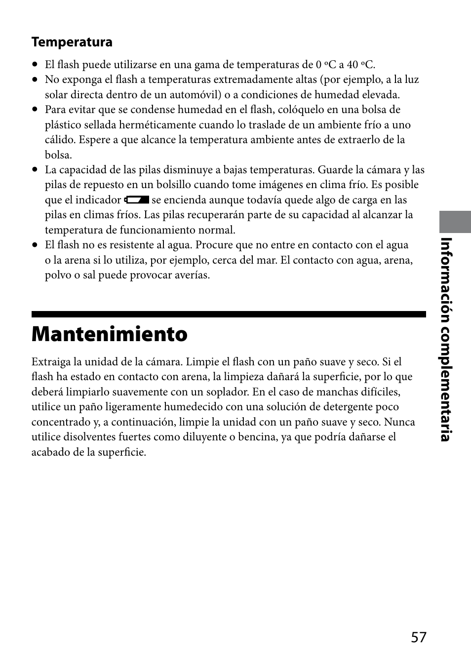 Mantenimiento, Inf ormación c omplemen taria | Sony HVL-MT24AM User Manual | Page 175 / 295