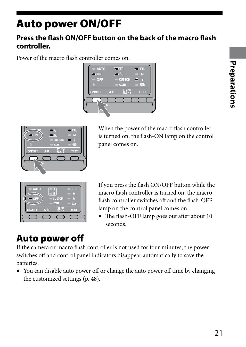 Auto power on/off, Auto power off, 1 pr epar ations | Sony HVL-MT24AM User Manual | Page 21 / 295