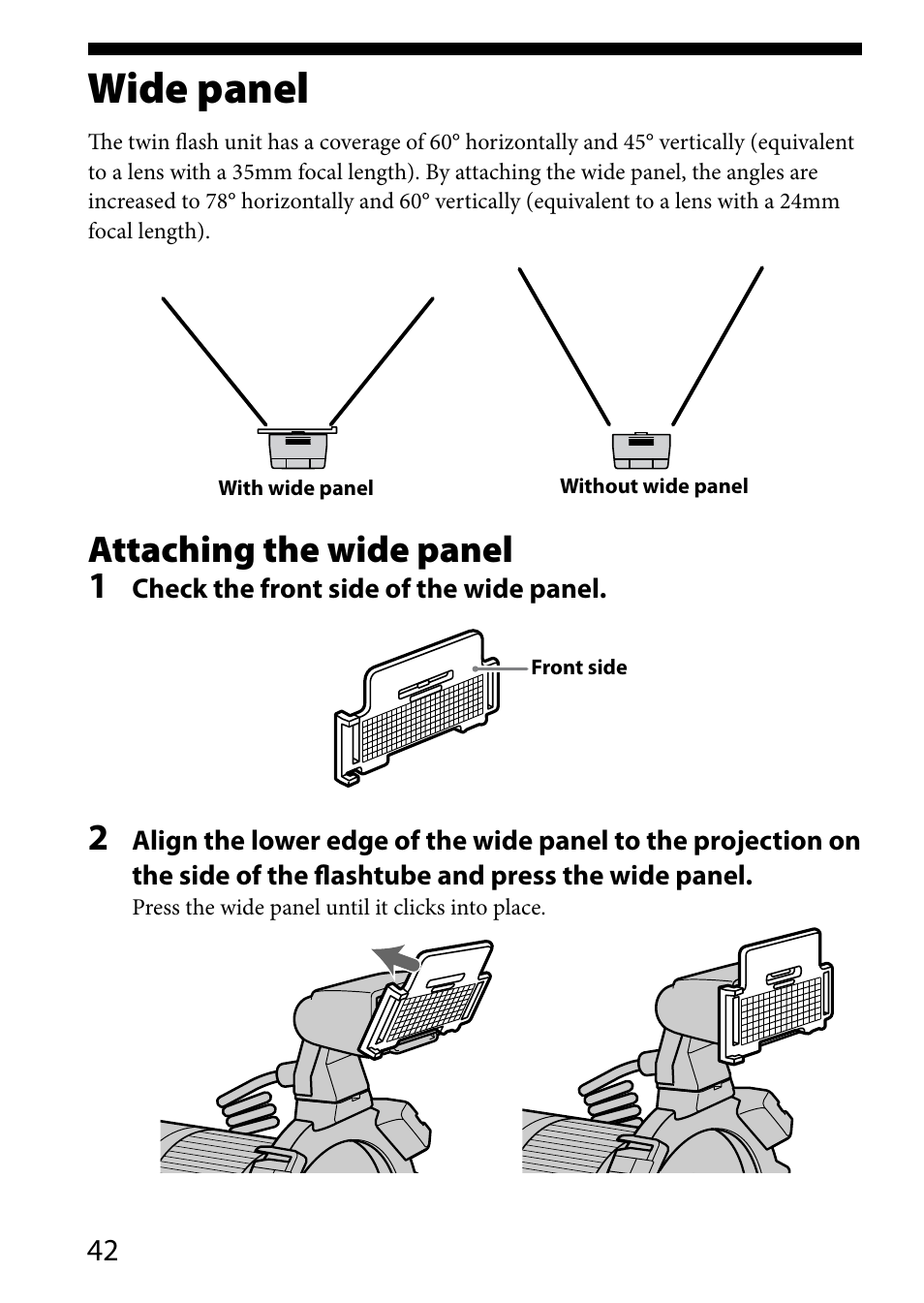 Wide panel, Attaching the wide panel 1 | Sony HVL-MT24AM User Manual | Page 42 / 295