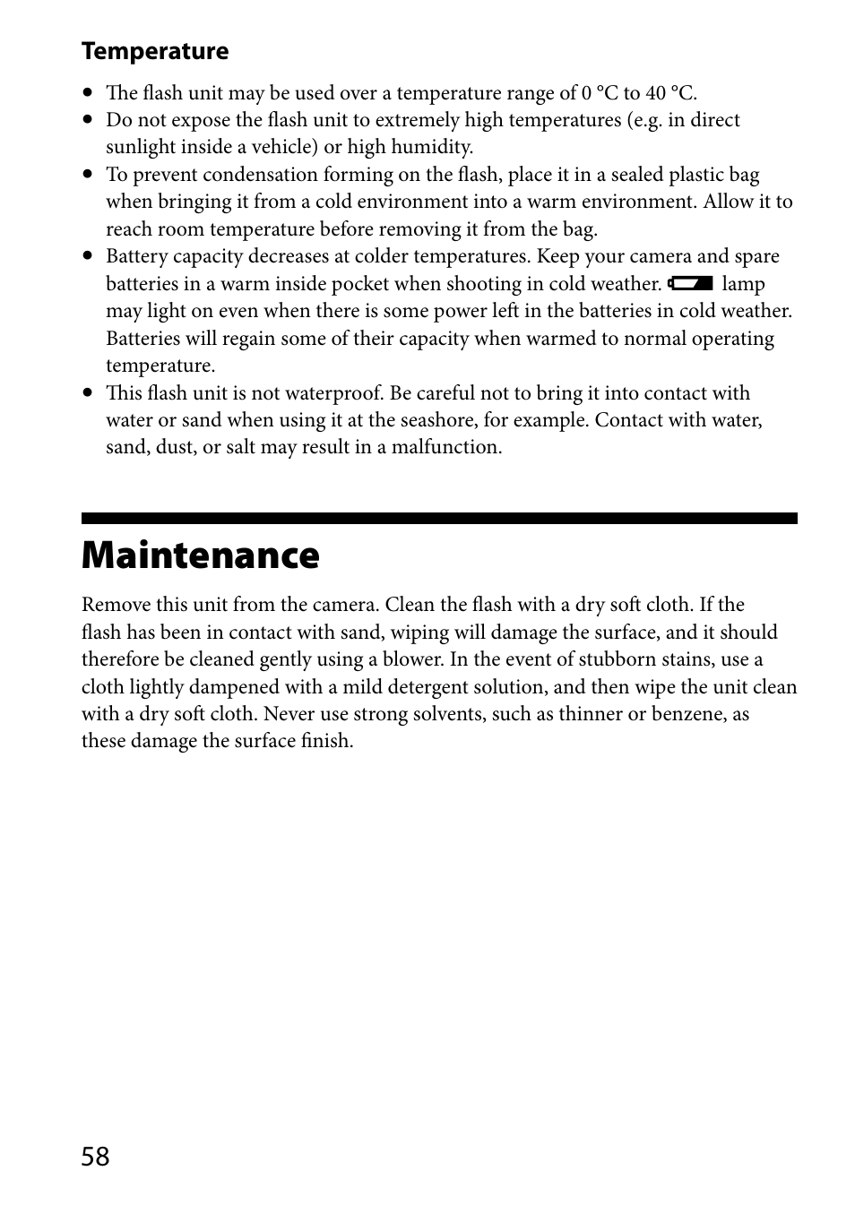Maintenance, Temperature | Sony HVL-MT24AM User Manual | Page 58 / 295