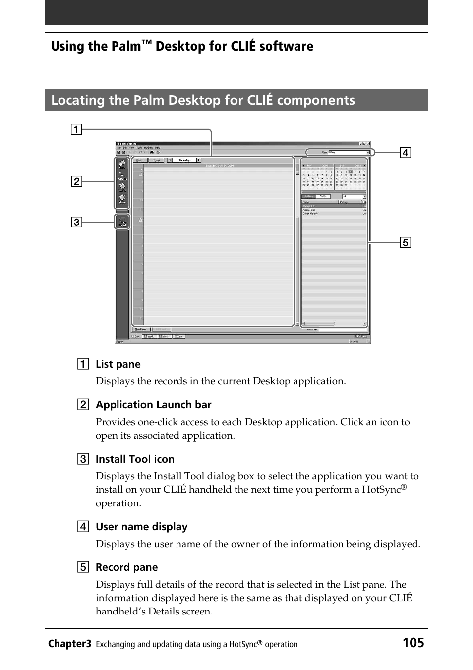 Locating the palm desktop for clié components, 105 using the palm | Sony PEG-T415G User Manual | Page 105 / 220