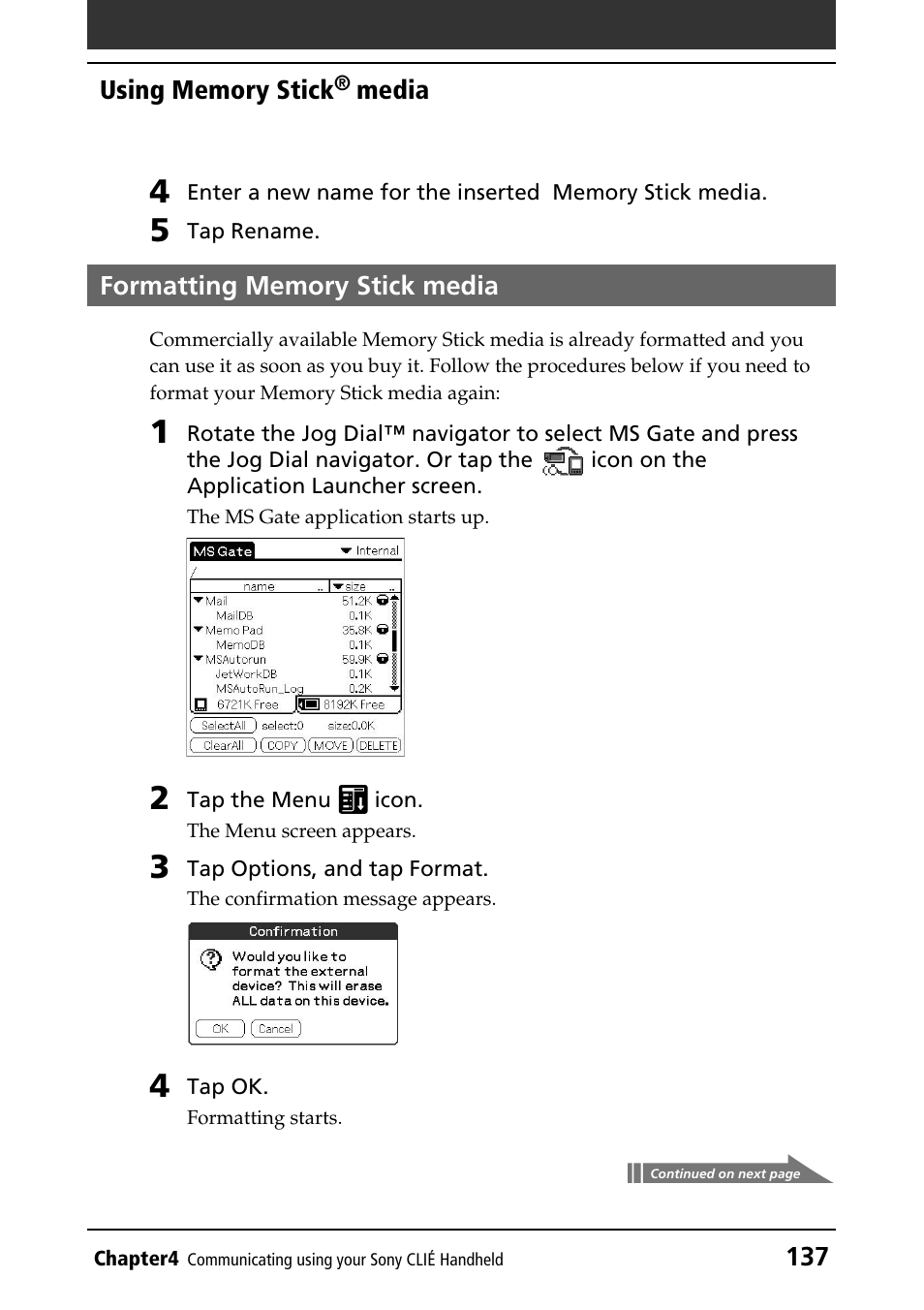Formatting memory stick media | Sony PEG-T415G User Manual | Page 137 / 220