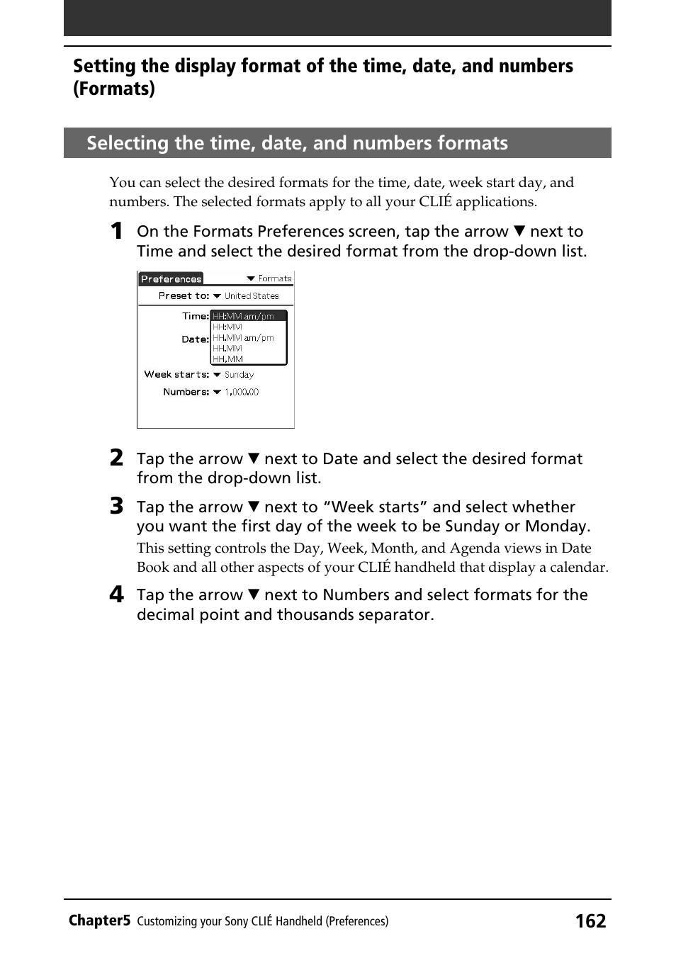 Selecting the time, date, and numbers formats | Sony PEG-T415G User Manual | Page 162 / 220