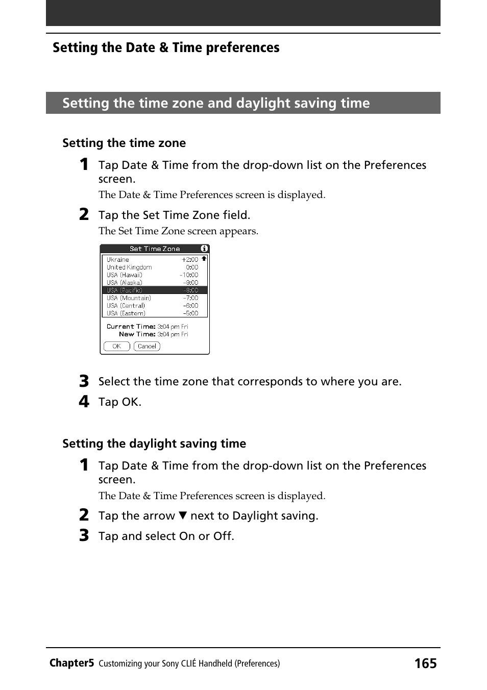 Setting the time zone and daylight saving time | Sony PEG-T415G User Manual | Page 165 / 220