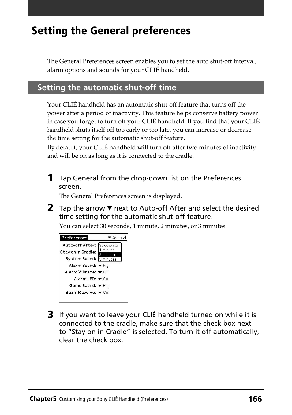 Setting the general preferences, Setting the automatic shut-off time | Sony PEG-T415G User Manual | Page 166 / 220