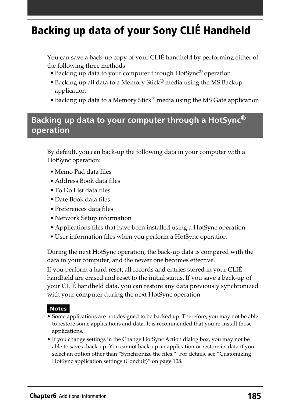 Backing up data of your sony clié handheld, Backing up data to your computer through a hotsync, Operation | Sony PEG-T415G User Manual | Page 185 / 220