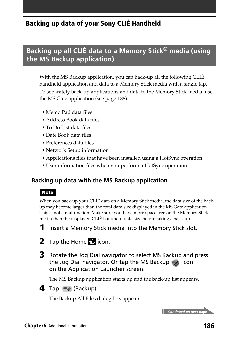 Backing up all clié data to a memory stick, Media (using, The ms backup application) | Media, Using the ms backup application), Media (using the ms backup application), Backing up data of your sony clié handheld | Sony PEG-T415G User Manual | Page 186 / 220