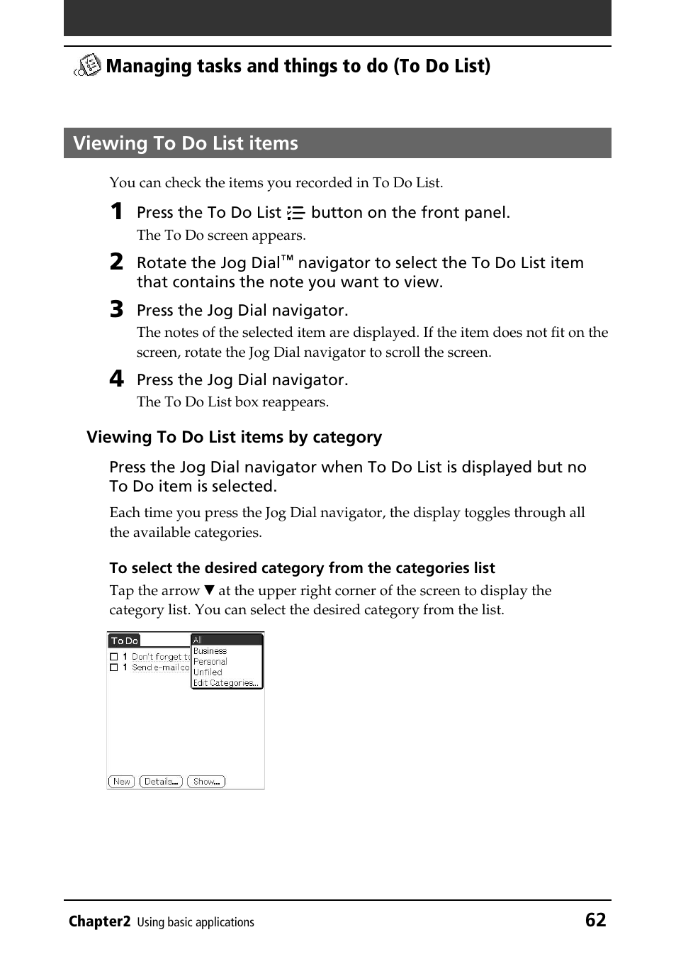Viewing to do list items | Sony PEG-T415G User Manual | Page 62 / 220