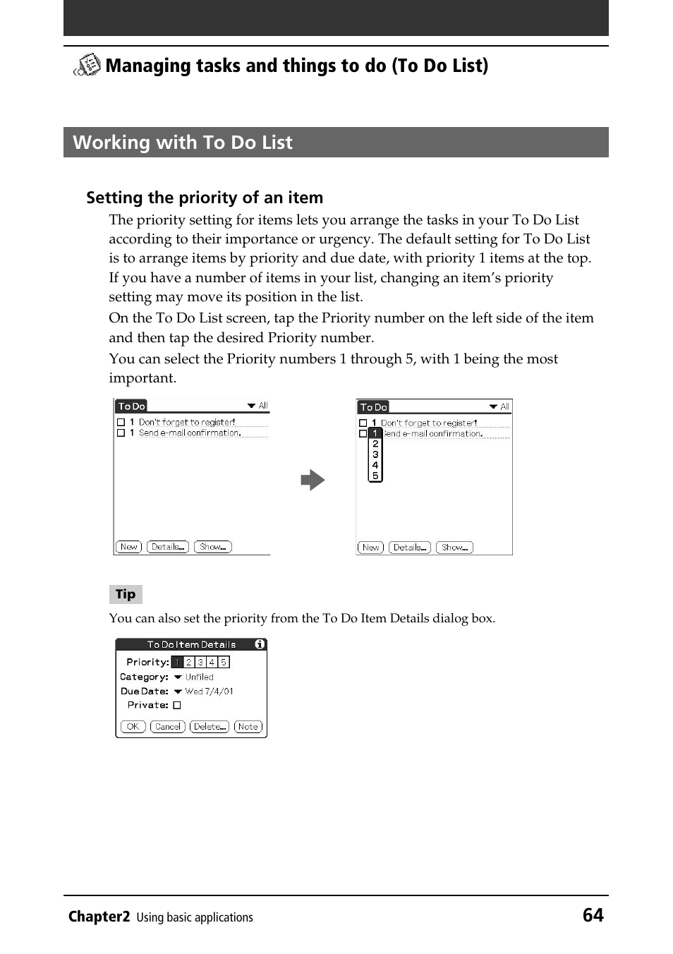 Working with to do list | Sony PEG-T415G User Manual | Page 64 / 220