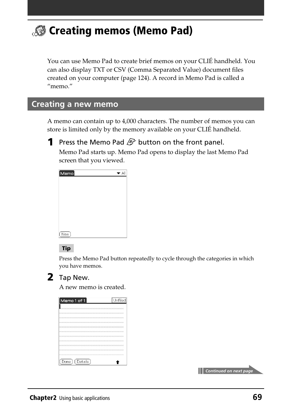 Creating memos (memo pad), Creating a new memo | Sony PEG-T415G User Manual | Page 69 / 220