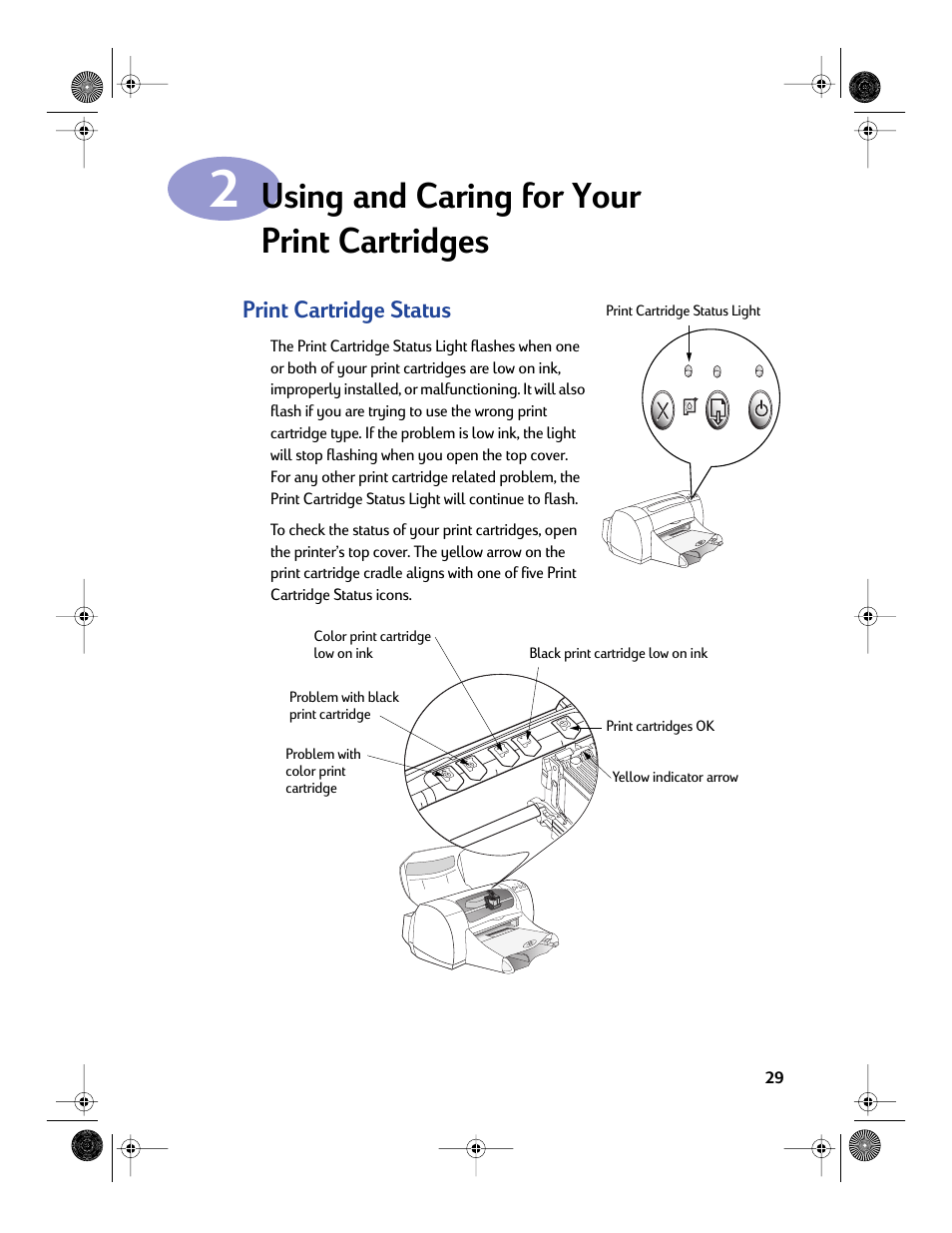 Using and caring for your print cartridges, Print cartridge status | Sony 970C Series User Manual | Page 36 / 82