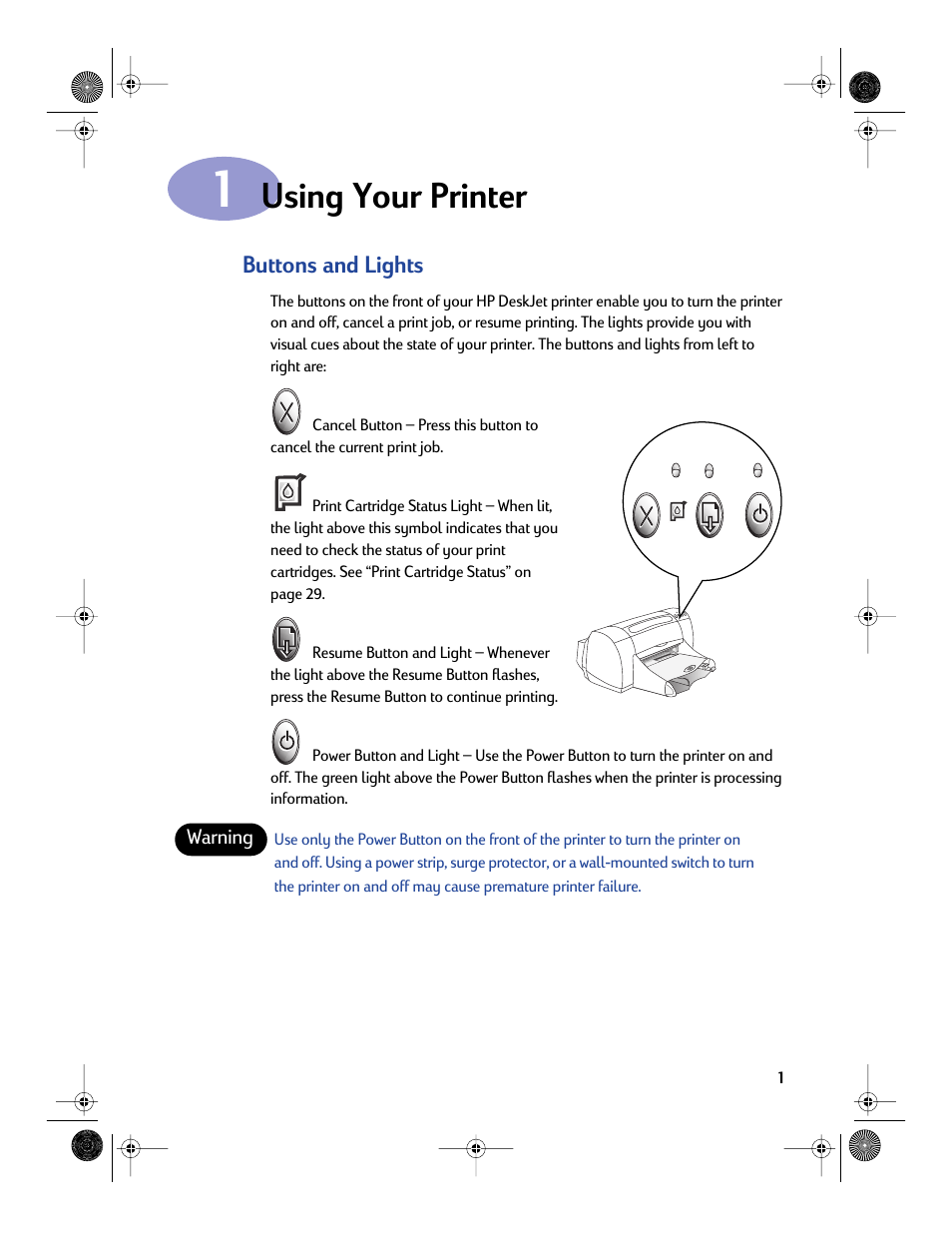 Using your printer, Buttons and lights, Chapter 1 using your printer | Sony 970C Series User Manual | Page 8 / 82