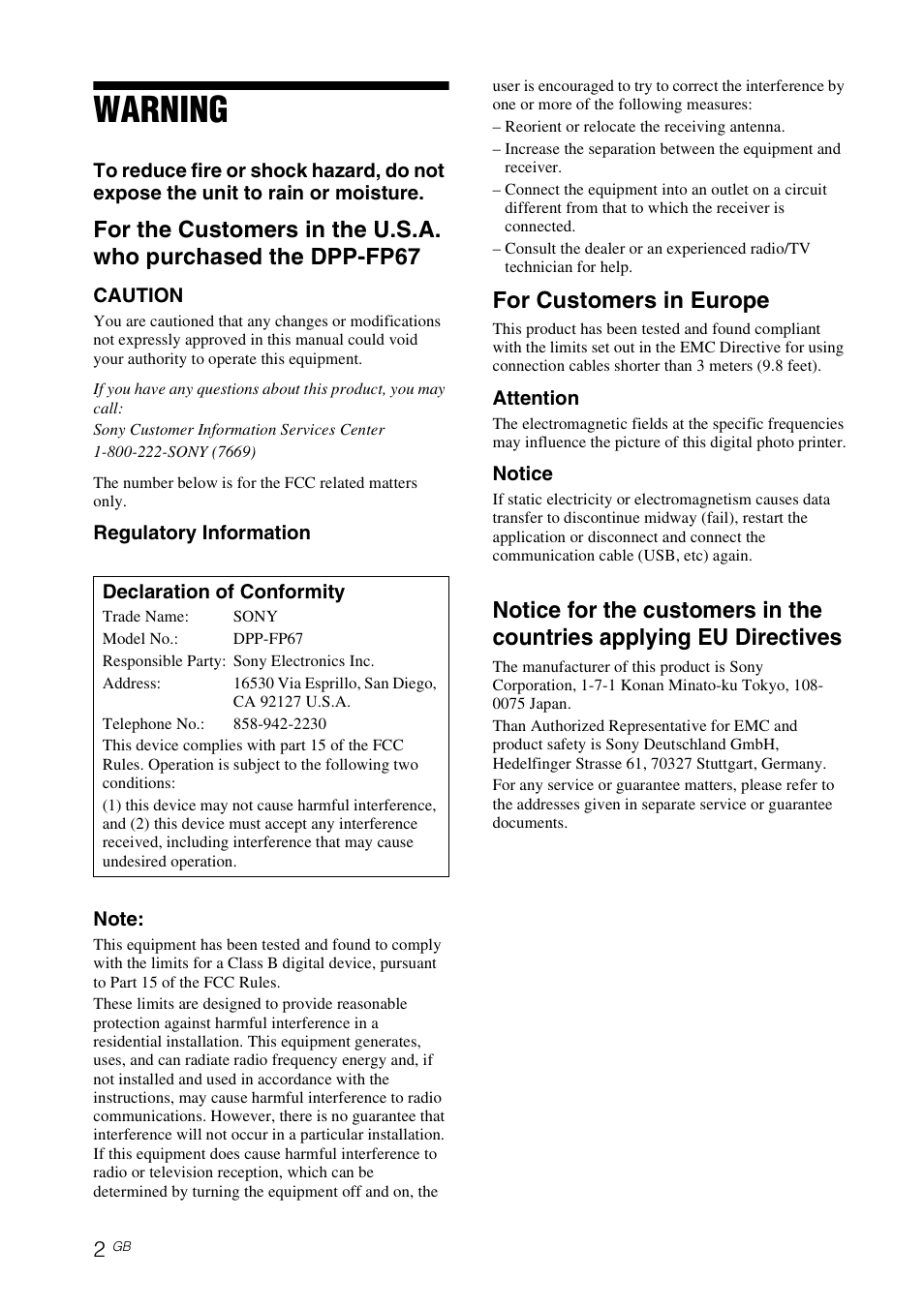 Warning, For customers in europe | Sony DPP-FP77 User Manual | Page 2 / 72