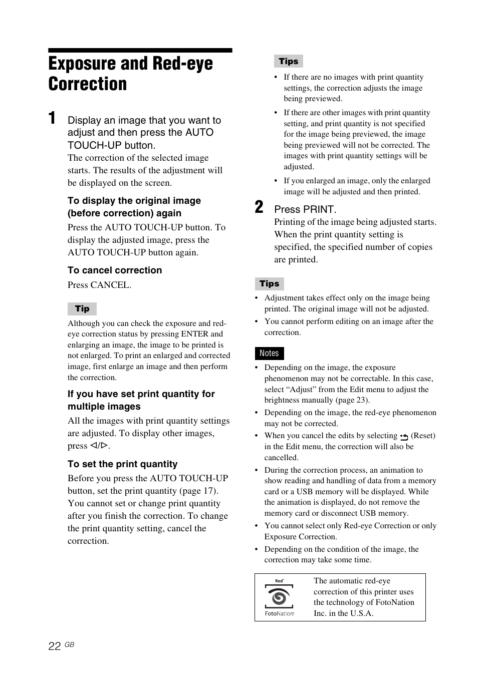 Exposure and red-eye correction | Sony DPP-FP77 User Manual | Page 22 / 72