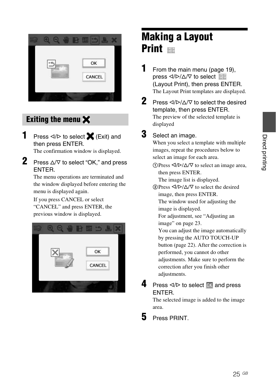 Exiting the menu, Making a layout print | Sony DPP-FP77 User Manual | Page 25 / 72