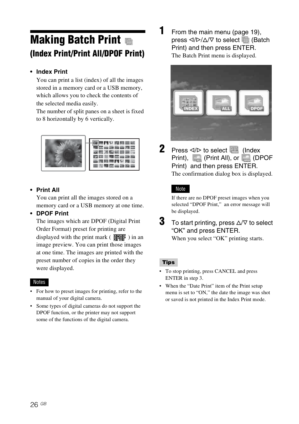 T (26), Making batch print, Index print/print all/dpof print) | Sony DPP-FP77 User Manual | Page 26 / 72