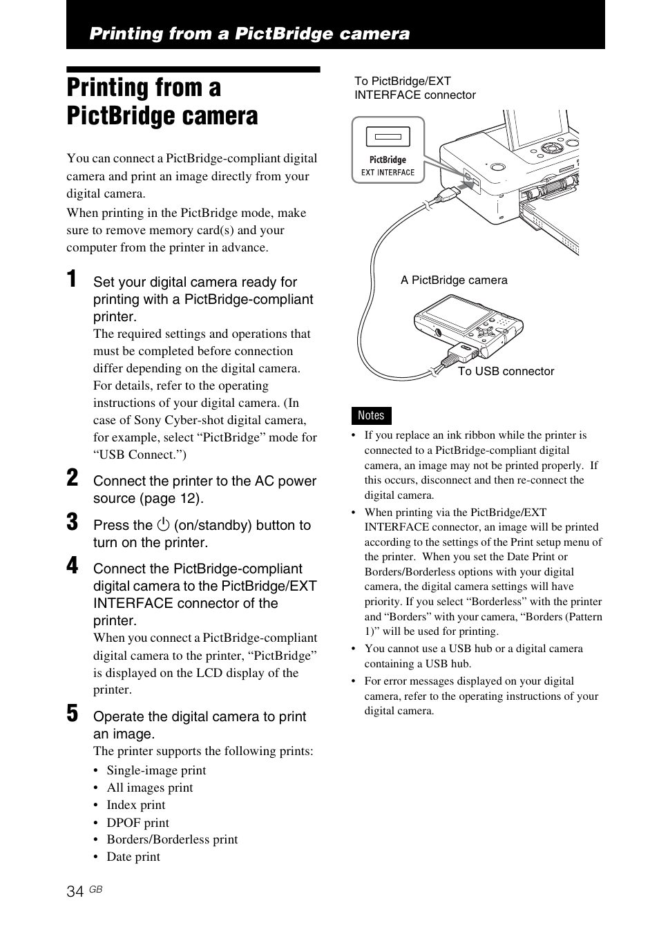 Printing from a pictbridge camera, Printing from a pictbridge, Camera | Sony DPP-FP77 User Manual | Page 34 / 72