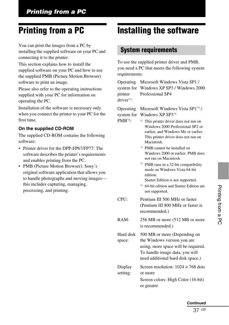 Printing from a pc, Installing the software, System requirements | Sony DPP-FP77 User Manual | Page 37 / 72