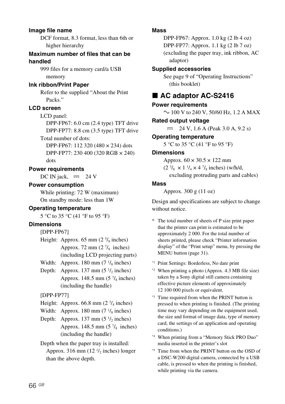 X ac adaptor ac-s2416 | Sony DPP-FP77 User Manual | Page 66 / 72