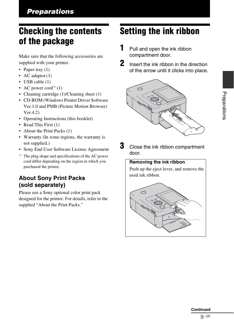 Preparations, Checking the contents of the package, Setting the ink ribbon | Sony DPP-FP77 User Manual | Page 9 / 72