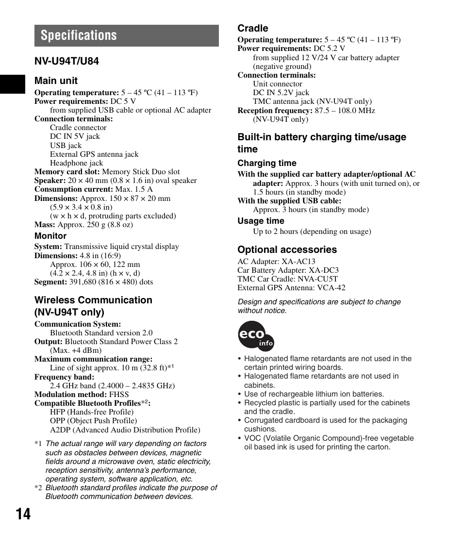 Specifications, Nv-u94t/u84 | Sony NV-U84 User Manual | Page 14 / 60